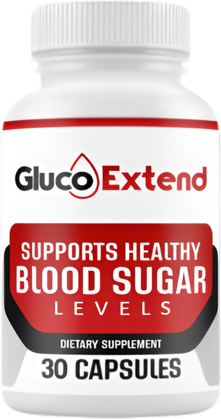 Gluco Extend bottle: white bottle with a red band, red blood-drop logo, Supports Healthy Blood Sugar Levels, Dietary Supplement, 30 capsules